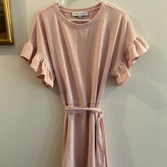Emma & Michele Dresses & Skirts - Emma And Michele Pink Midi Dress With Tie Belt Ruffle Peasant Sleeves S Large